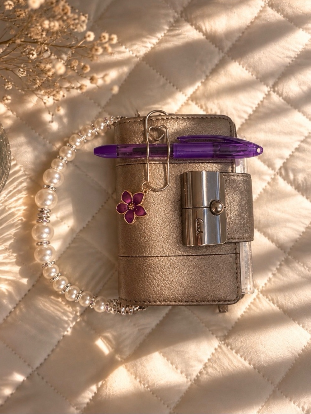 Coach Metallic Gold Card & Key Holder with Pearl Wristlet